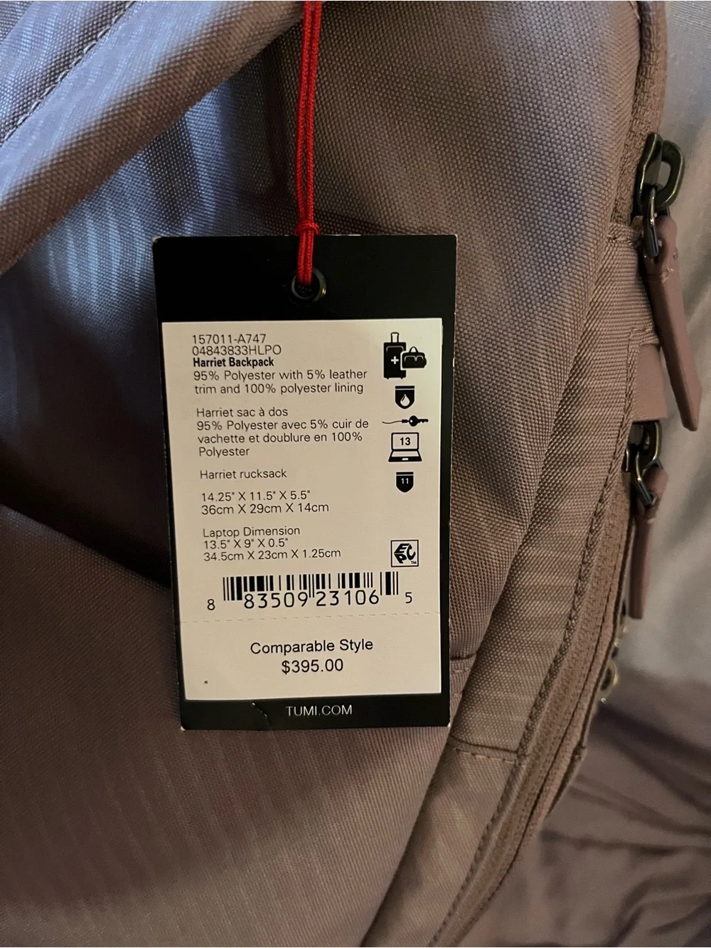 Tumi Mauve harriet Backpack with Leather Trim nwt